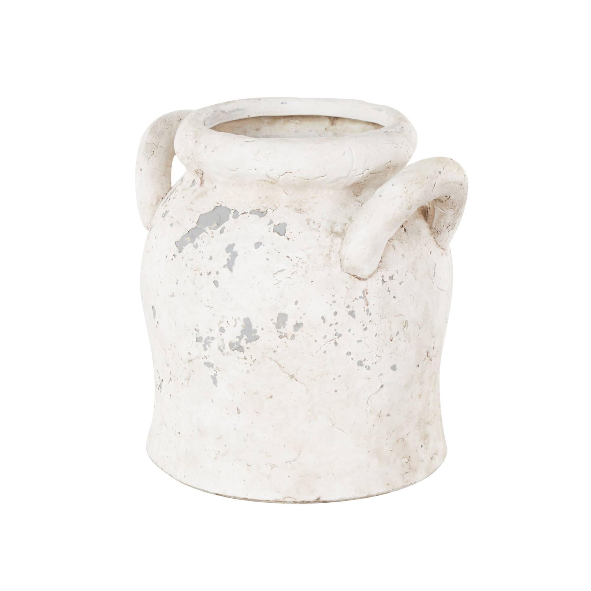 8.25" Cream Ceramic Antique Style Distressed Decorative Vase with Handles
